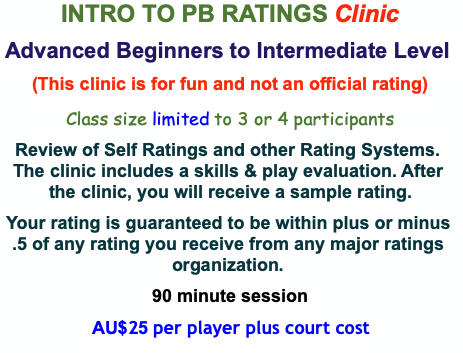 INTRO TO PB RATINGS Clinic
Advanced Beginners to I